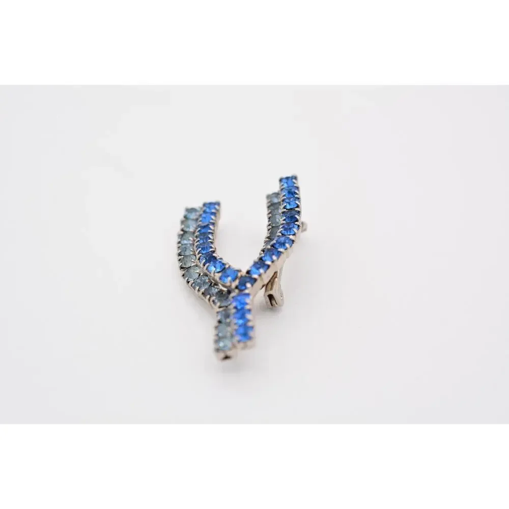 Vintage Wishbone Pin Brooch Blue Rhinestone Crystal Silver Tone Prong 80s BinAT